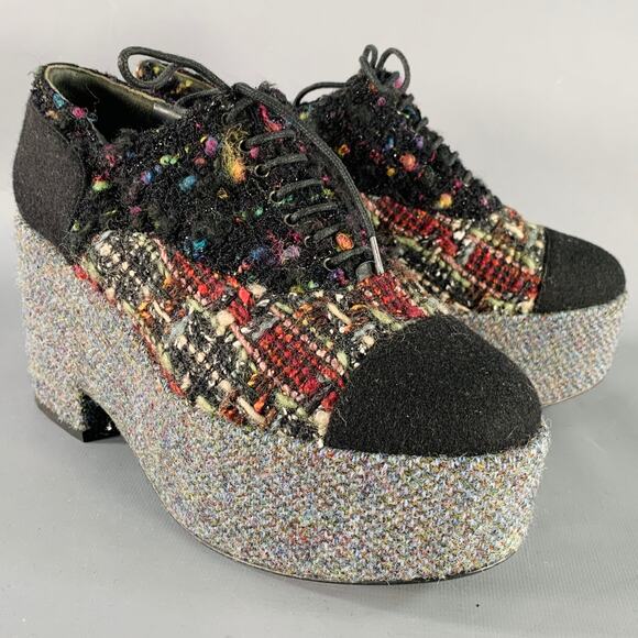 CHANEL Size 6.5 Black Red Grey Tweed Platform Oxford Flats - Picture 1 of 9